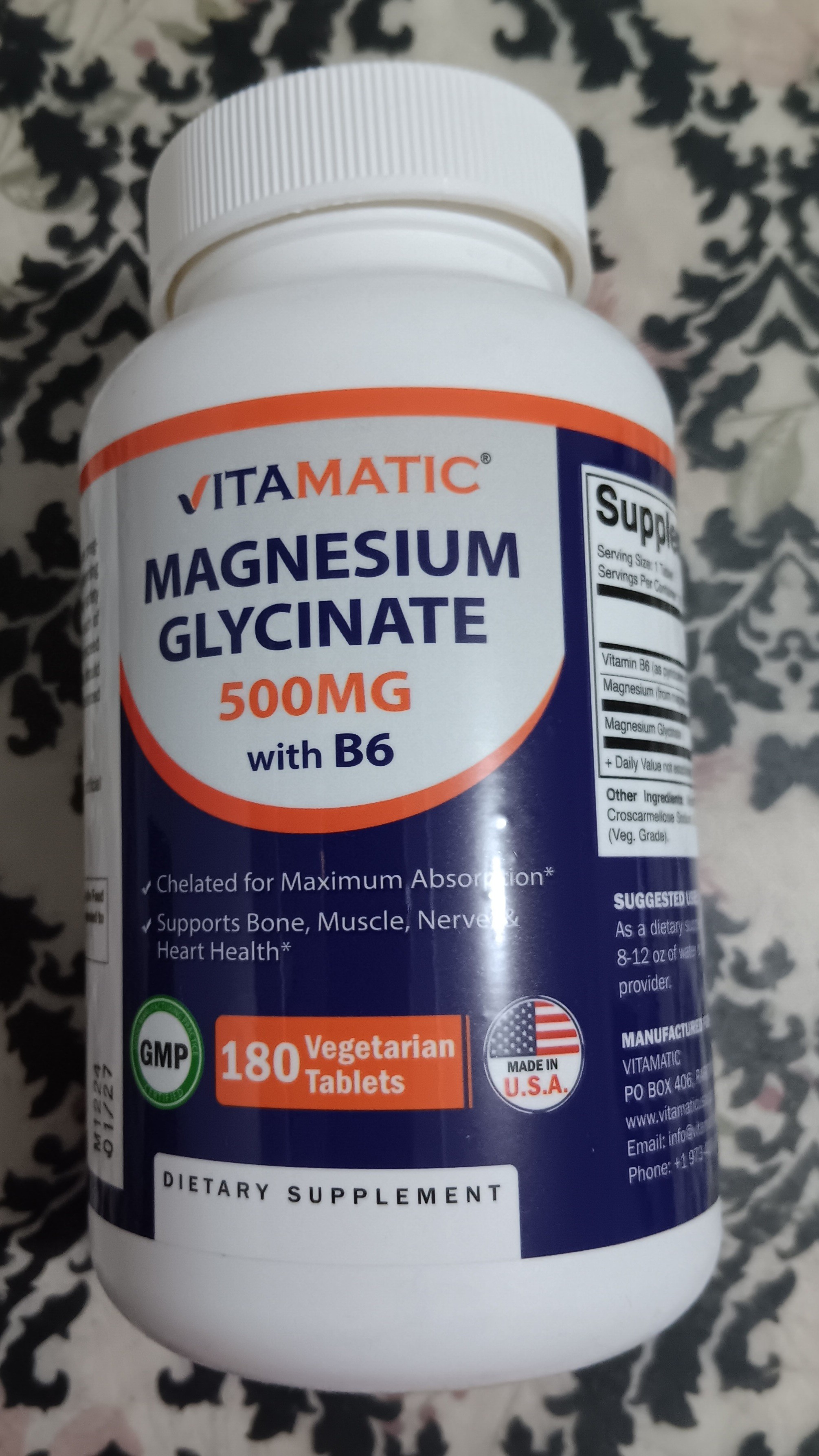 thumbnail image 2 of Vitamatic Magnesium Glycinate 500mg With Vitamin B6 - 180 Vegetarian Tablets, Non-GMO 2 of 6