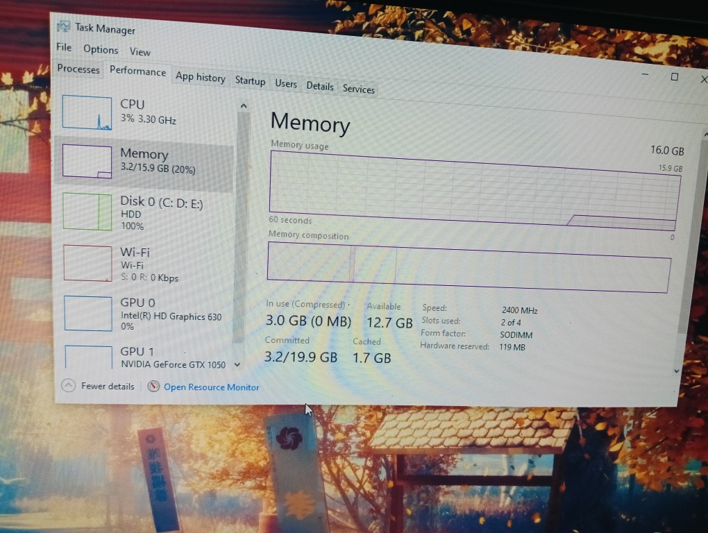 Task Manager Ram Speed 2400 Mhz FLYJIE 8GB DDR4 2400Mhz PC4-19200