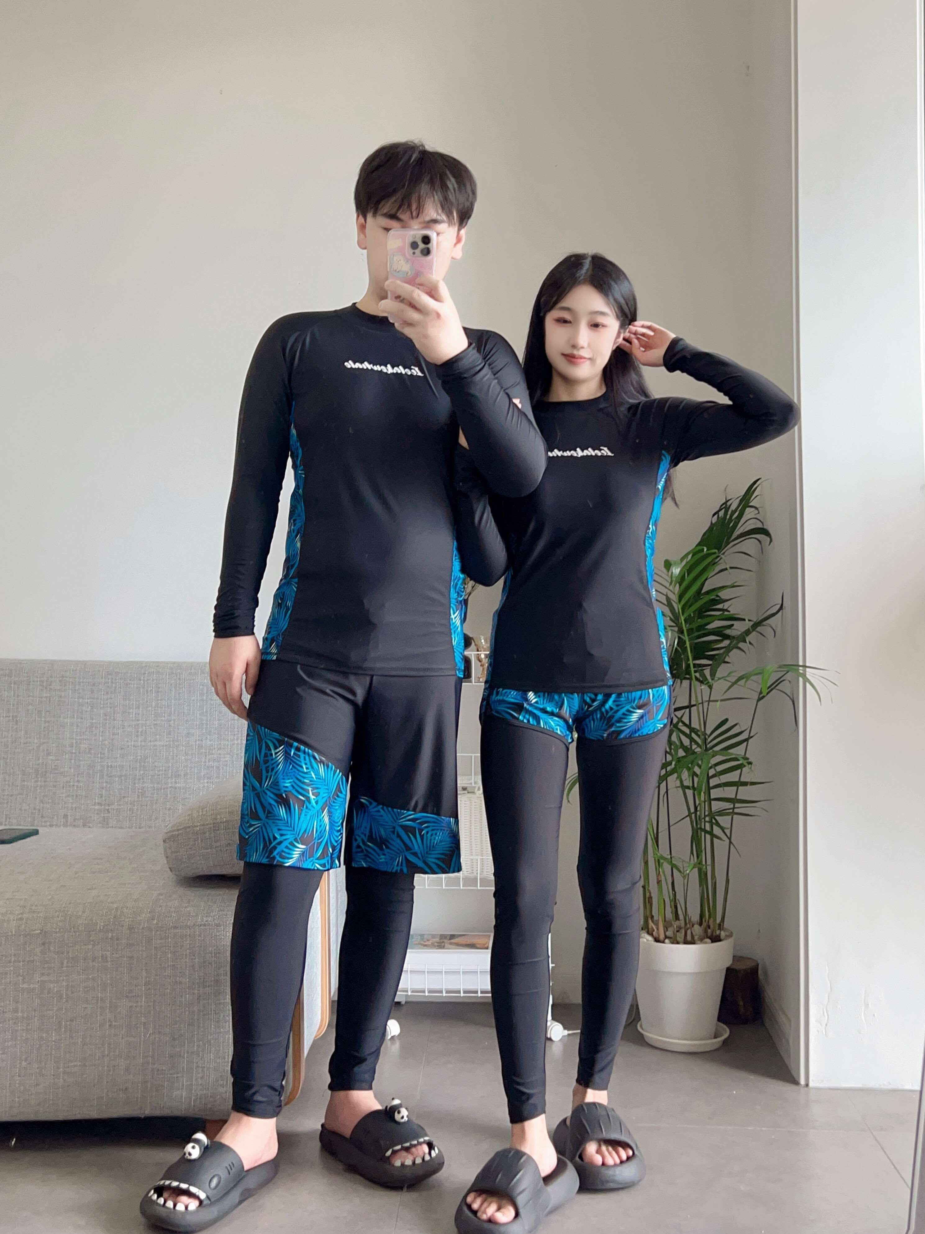 Men Women Swimming Suit Couple Fashion Black Long Sleeve Swimsuit Beach  Wear