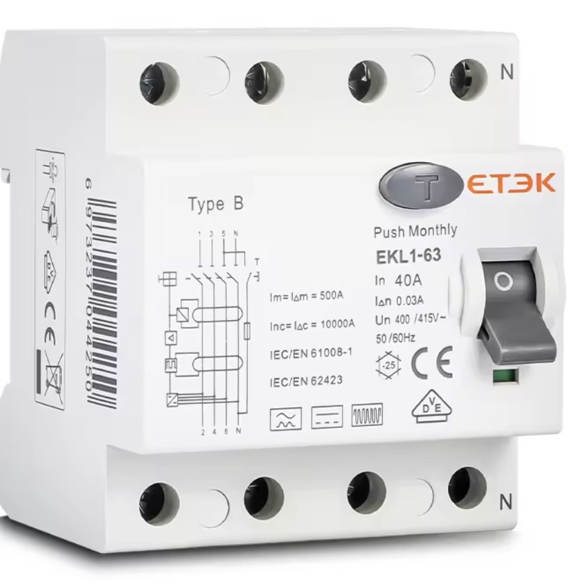 ETEK RCD Type B Evse 4P 4Poles AC วงจรการรั่วของโลก RCCB 40a 63a 30ma EKL1-63HB  10KA Din Rail 220V